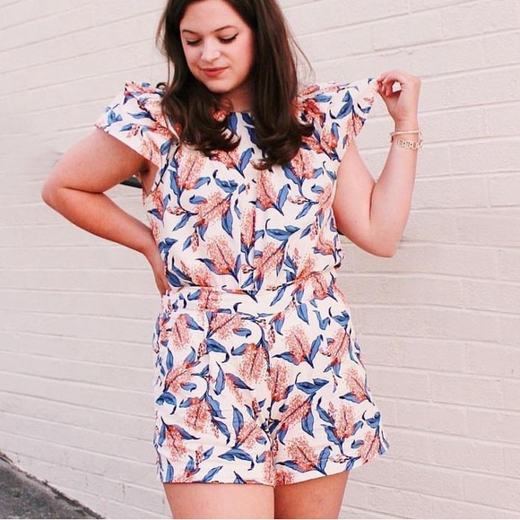 Orange blue and white preppy floral two piece set - Picture 1 of 2